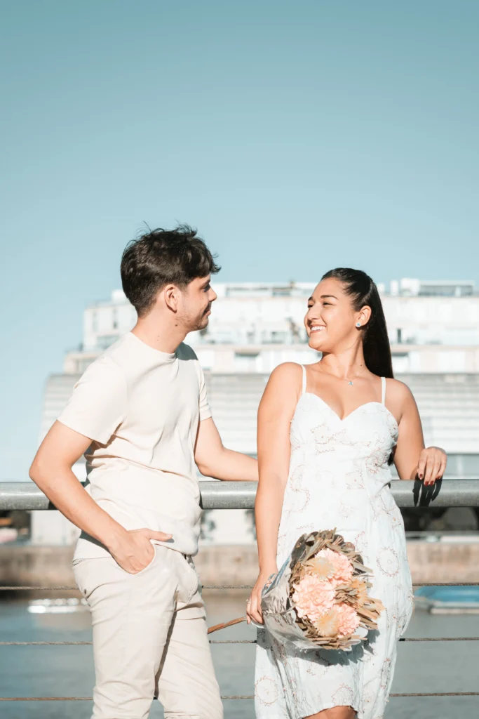 A joyful couple sharing a romantic moment