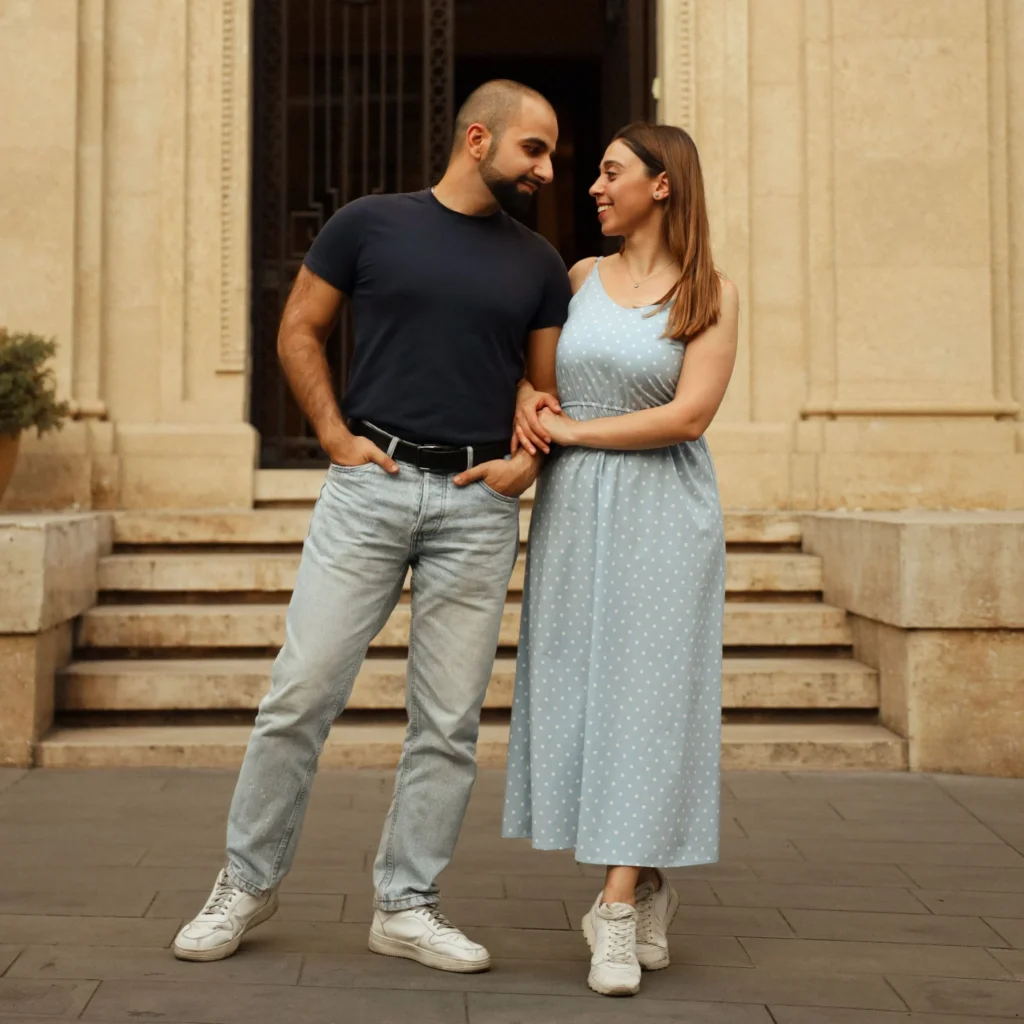 A couple standing together outdoors, representing romantic lifestyle branding